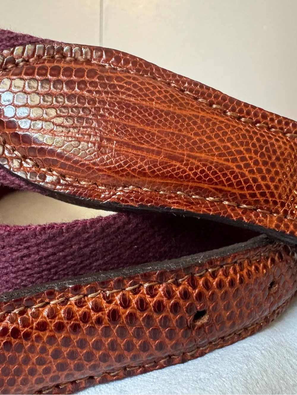 Vintage Cole Haan Genuine Lizard & Canvas Belt Burgundy Brown Size 32⁠